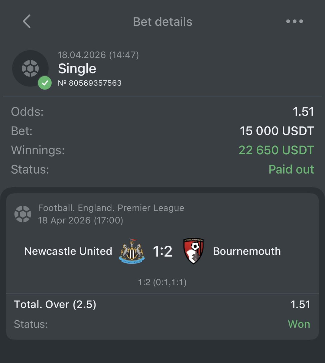 WinningCoupons's tweet image. ✅ Bet Won!

#Newcastle United   🆚 #Bournemouth  

💵 Winnings: 22.650 usd  

▶️ #Melbet: ➡️
▶️ PROMO CODE: xfree

(Sign up with this promo code and receive a 200% bonus on your first deposit!)

#1xbet #sportybet