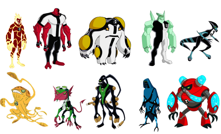 For a hypothetical Ben 10 reboot, he's my idea of Ben's playlist. I wanted it to have variety so half of them are from the classic series, while other half has a rep from each of the sequels after, plus one original alien (Squidstrictor is more or less a stand in).