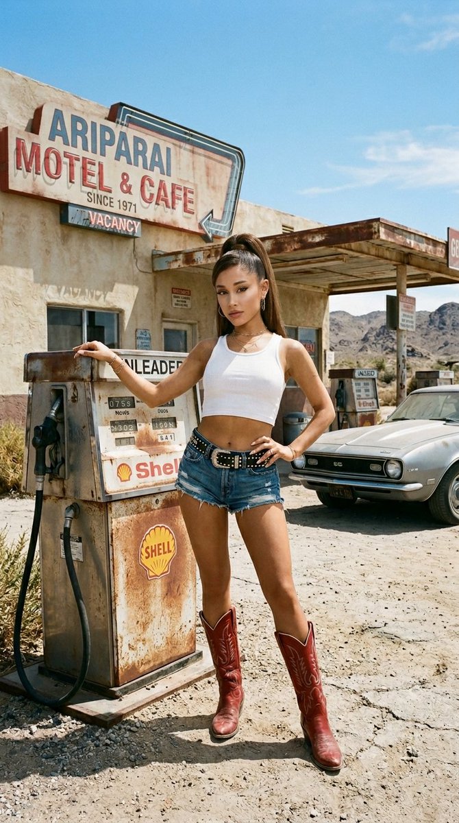 AriParai's tweet image. Hand on the pump, eyes on the prize 🌵☀️ 

Ariana Grande, Hailee Steinfeld, Sabrina Carpenter, Emily Rudd

Prompt:
Photorealistic image of Ariana Grande standing at an old desert gas station on a bright sunny day. She has her iconic face with large expressive eyes, full lips,