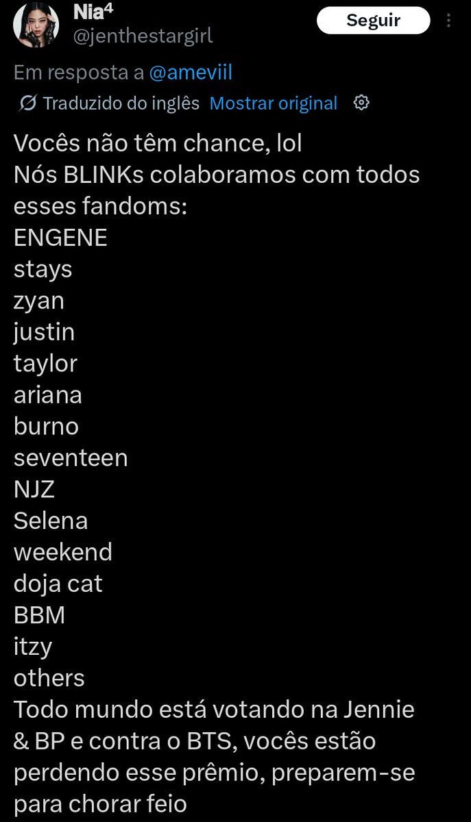 espero de verdade que todos vcs estejam votando pq tem um tanto de fandom se unindo contra a gente