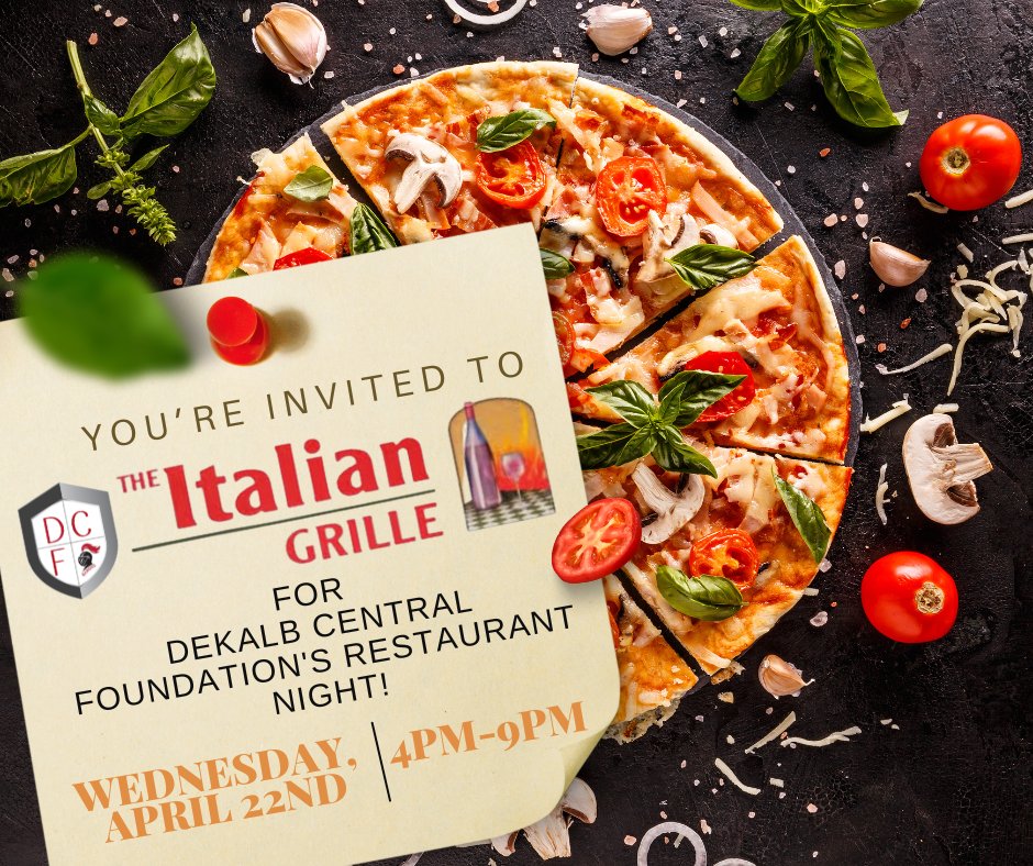 DeKalbCF's tweet photo. You're invited to the DeKalb Central Foundation Restaurant Night! 🍝

📅 April 22 | ⏰ 4–9 PM
📍 The Italian Grille

Enjoy great food while supporting scholarships, field trips, books, P.E. programs &amp; more. Join us to give back and support student success! 🌟 https://t.co/jvprjq4iLI