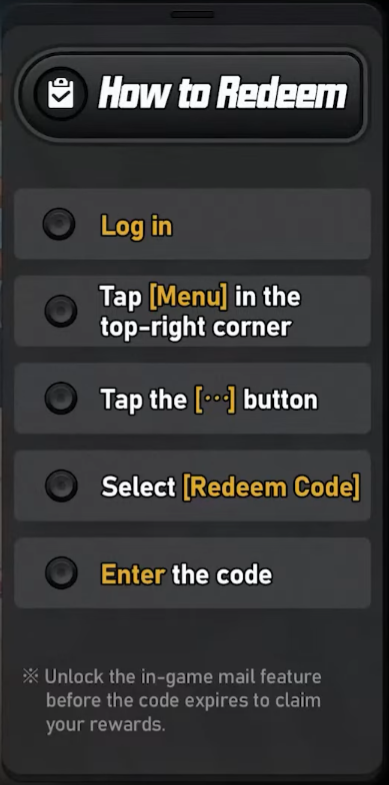 Códigos da live da 1.0 de NTE!
- NTENOWTOENJOY
- NTENANALLYGO
- NTE0429

O resgate só poderá ser feito quando o jogo lançar!
- Acesse o menu no canto direito superior
- Clique em [ ... ]
- Selecione [ Redeem Code ] / [ Resgatar Código ]
- Insira o código!

#NTE #NTEcreator