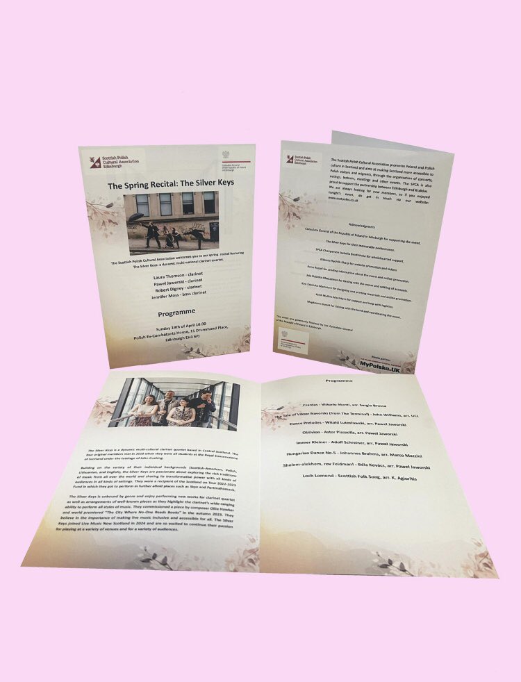 OutofHandScot's tweet image. #print #programmes #Scottish Polish Cultural Association 2moro Sunday 19April 4pm, in the Polish Ex-Combatants House at 11 Drummond Place, #Edinburgh, host a remarkable multinational clarinet quartet: The Silver Keys! Tickets scotpoles.co.uk #Polish