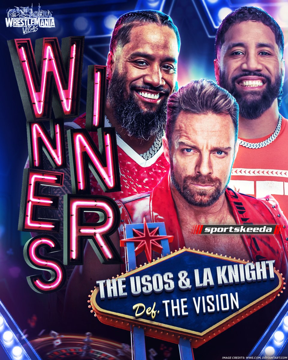 SKWrestling_'s tweet photo. BFT does it for Knight and The Usos as they settle The Vision problem at the biggest stage of 'em all!
#WrestleMania #WrestleMania42 #ManiaWithSK https://t.co/VYUkHMxIYq