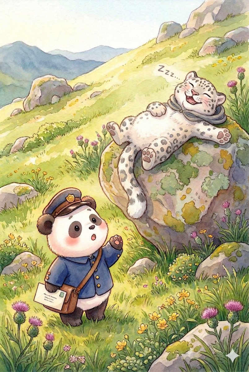 Panda_Studio_Ai's tweet image. おおきな いわの うえで、だれかが ねむっています。
おなかを そらに むけて、きもちよさそう。
ポルは そうっと ちかづきました。

#パンダ #panda #パンダ絵本 #てがみをとどけに