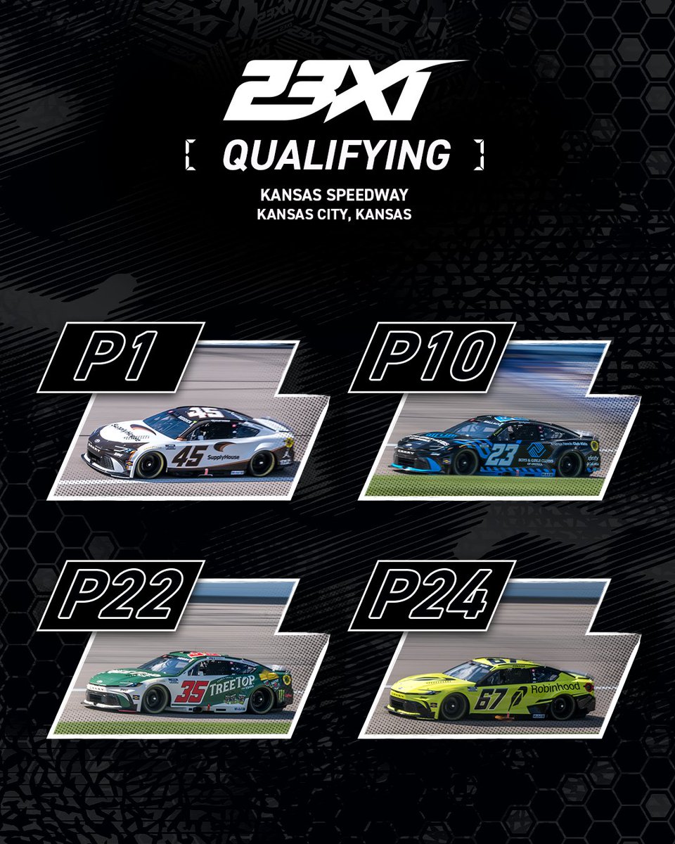 Another front row view to start our day tomorrow <a href="/kansasspeedway/">Kansas Speedway</a> 💪

<a href="/TylerReddick/">Tyler Reddick</a> - P1
<a href="/BubbaWallace/">Bubba Wallace</a> - P10
<a href="/rileyherbst/">Riley Herbst</a> - P22
<a href="/CoreyHeim_/">Corey Heim</a> - P24

#teamtoyota

<a href="/SupplyHouse_com/">SupplyHouse.com</a> | <a href="/TreeTopInc/">TreeTopInc</a> | <a href="/BGCA_Clubs/">Boys & Girls Clubs of America</a> |<a href="/RobinhoodApp/">Robinhood</a>
