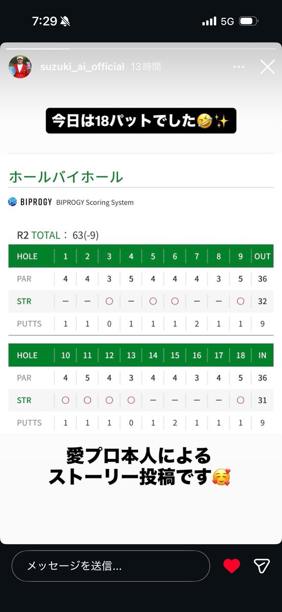 kugasekkotuin's tweet photo. 鈴木愛プロ素晴らしい🤭今日も18パットで優勝🏆楽しみにしてます🤗 https://t.co/MpEaXH95VT