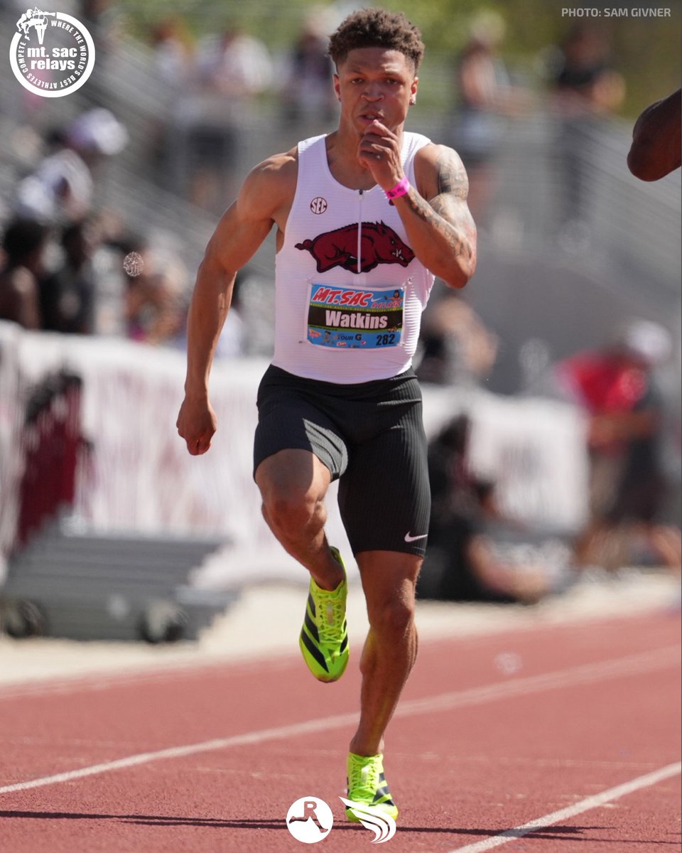 DyeStat's tweet photo. JELANI WATKINS, HOW DO YOU DO?!

NCAA-leading 9.82 (+2.8) for the Arkansas star to win the men's 100m invitational race at Mt. SAC.

USC's Eddie Nketia (9.84) and Garrett Kaalund (9.90) finish second and third in an epic race to post the second- and third-fastest times in times in the NCAA behind Watkins.

📸: Sam Givner