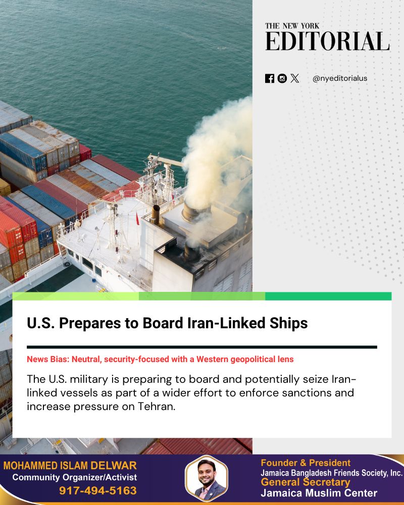 nyeditorialus's tweet image. U.S. forces may soon board Iran-linked ships worldwide, escalating maritime pressure amid rising tensions. 

Read more on our Website 

#USIran #MiddleEast #Geopolitics