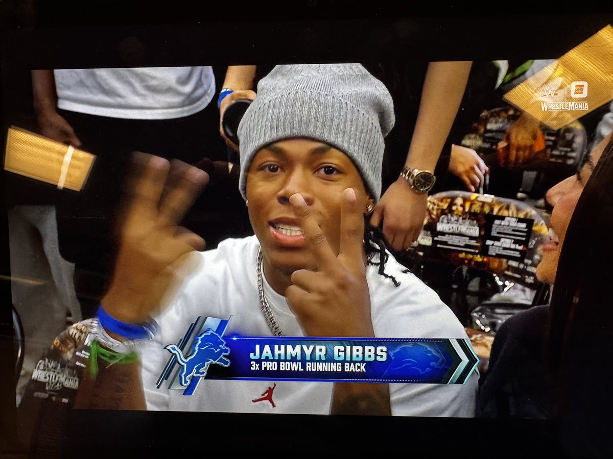 CBrit24's tweet photo. Jahmyr Gibbs is at #wrestlemania @Lions https://t.co/hDdSFDEhcA