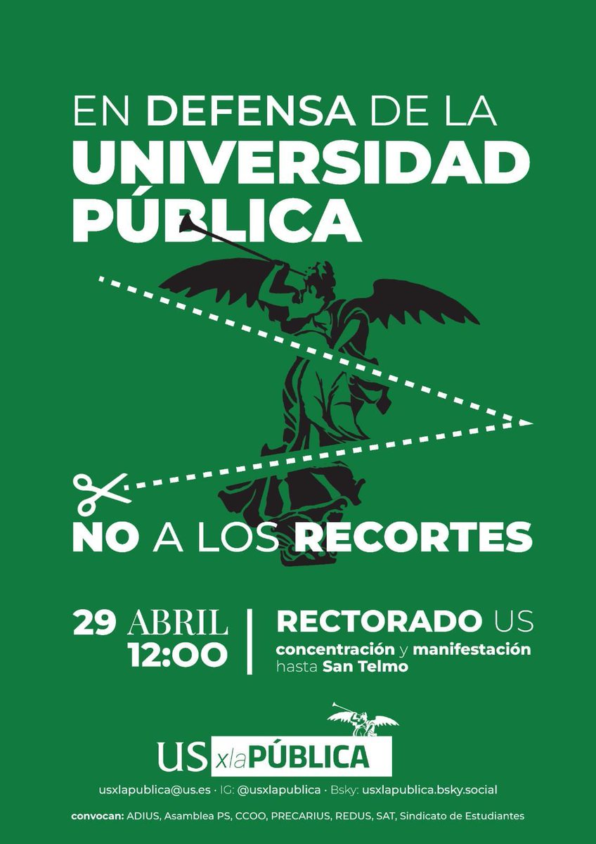 DeleFGeH_US's tweet image. 🔴 MANIFESTACIÓN EN DEFENSA DE LA UNIVERSIDAD PÚBLICA. NO A LOS RECORTES! 

🗓️ 29 de abril, a las 12:00 en el Rectorado de la US hasta San Telmo

#US #UniversidadDeSevilla #GeografíaEHistoria #FacultadDeGeografíaEHistoria #GeografíaEHistoriaUS @unisevilla @fgeoehisus