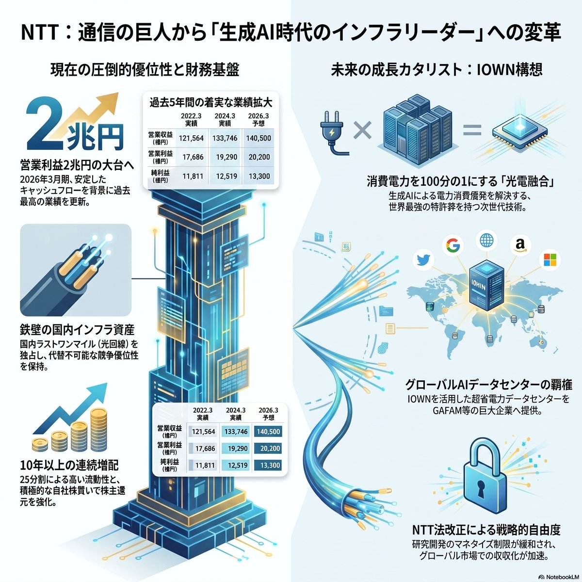 Investor_oo_'s tweet image. 企業分析✍️
NTT（9432）は通信インフラを基盤に、AI・データセンター・グローバルITへ変革中。世界最大級のテクノロジー企業です。
IOWN構想の実用化フェーズ入りで、省電力データセンター需要が生成AI時代の追い風に。
NTT法改正で研究開示義務撤廃など、機動的なグローバル戦略が可能に。
#NTT #IOWN