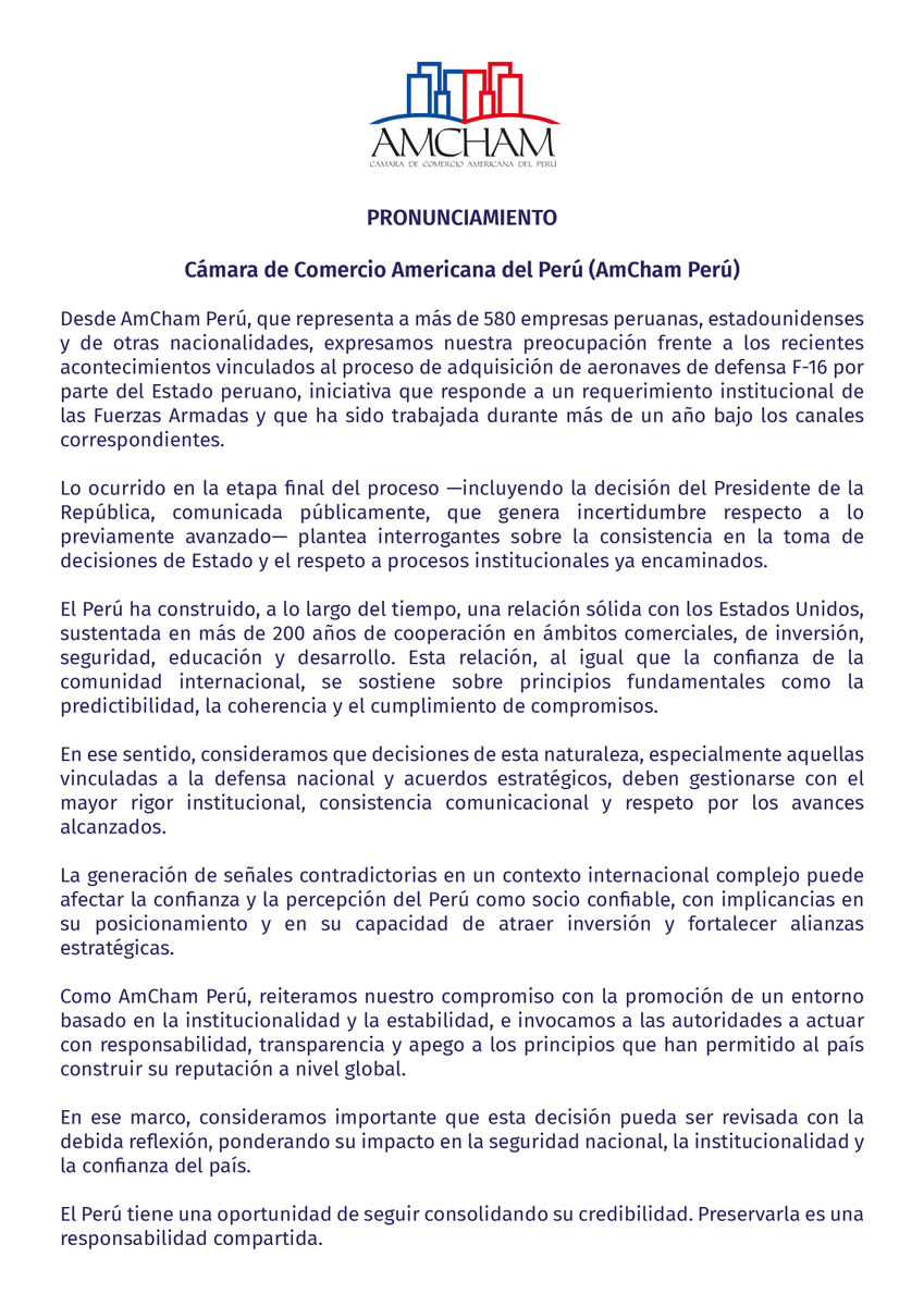 amchamperu's tweet photo. PRONUNCIAMIENTO OFICIAL

CÁMARA DE COMERCIO AMERICANA DEL PERÚ https://t.co/rRWKLRA56z