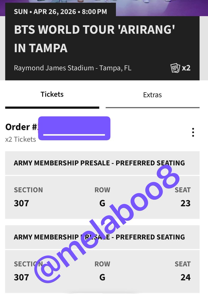 melaboo8's tweet photo. Hey army! I’m selling x2 tickets for BTS’s ARIRANG tour! Please take these off my hands so others may enjoy 💜

📍Tampa, FL 
Sunday April 26th, 2026
$185.55 USD each (OG price)
Section 307, Row G, Seats 23-24

Please DM if interested or want further details :)

#btstampa #bts https://t.co/jkU13D7IOZ