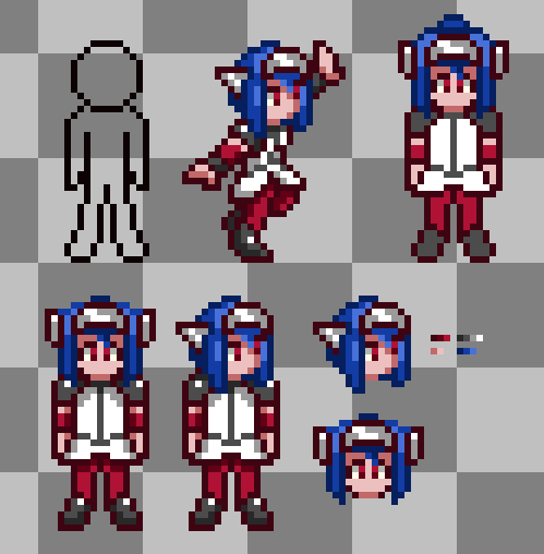 IconicZen's tweet image. I think I like this resolution to work with. I tried to make a base for future reference and applied Lea's skin (from CrossCode). However, I don't really like the sprite looking straight to the front, but looks okay when tilted haha. Will keep trying! #pixelart