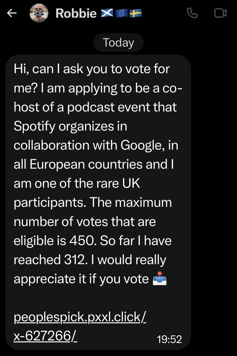 ProfessionalJu2's tweet photo. Looks like @wildswim has been hacked, never click these links for these supposed Spotify podcast votes.

It’s a scam. https://t.co/EqaeCWFtGE