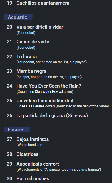 diamantellis's tweet photo. así fue el primer setlist de la gira 2025 en Argentina fuera de Buenos Aires, el 11 de julio en Plaza de la Música, Córdoba.

Al igual que ayer en La Rioja, también cantaron Va a ser difícil olvidar, Mamba Negra y Tu Locura. https://t.co/ZZak7vw92f
