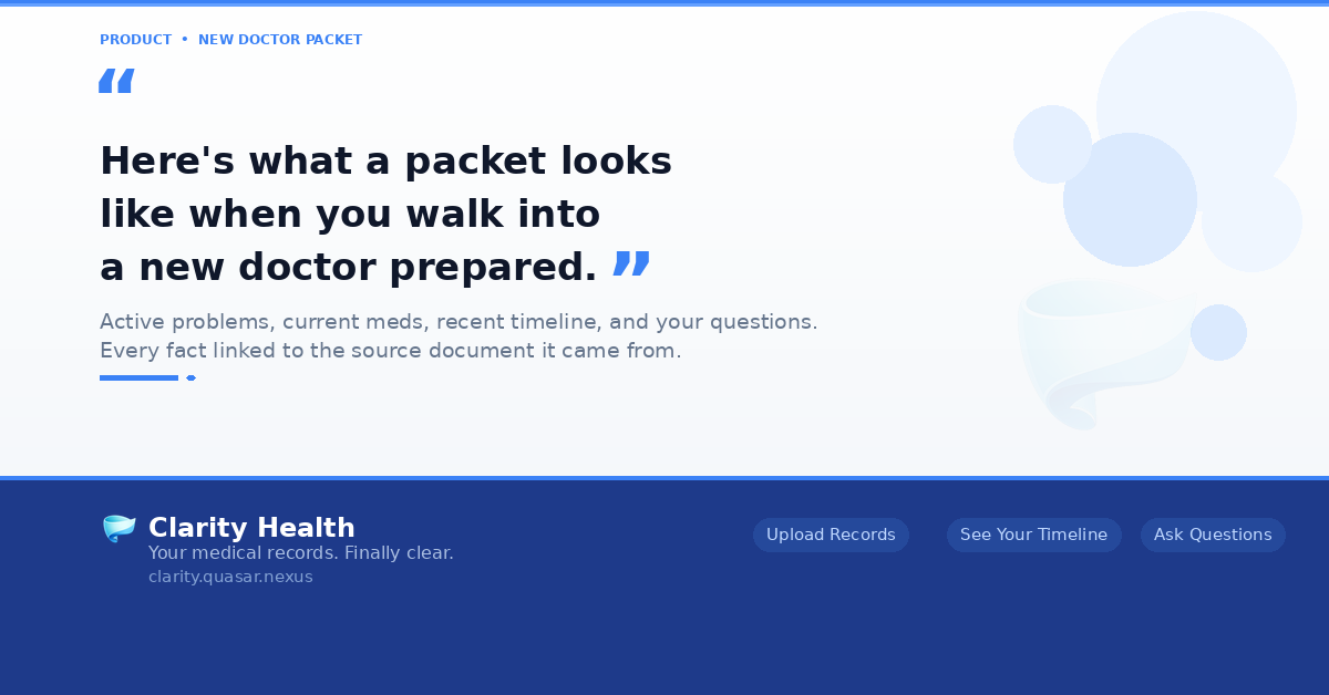 AustinJohn_F's tweet photo. Here's a thing Clarity Health does that nobody else is doing.

When you have a new doctor appointment, you can generate what we call a 'New Doctor Packet'. A structured, one-page summary of your health history, designed specifically to be shared with a provider who has never seen you before.

It includes:
- Active problems, with dates.
- Current medications and dosages.
- Known allergies.
- A timeline of what's happened recently.
- The specific questions you want to ask at this visit.

And here's the part that matters: every single fact is linked back to the source document it came from. If your doctor wants to verify something, they click and see the original record. No guessing. No reconstructing from memory. No taking your word for it.

You can download it as a PDF. You can share it as a link. You can revoke access whenever you want.

This is what the "bring your history" advice should have always meant. It just wasn't possible before.

Link in the comments 👇
