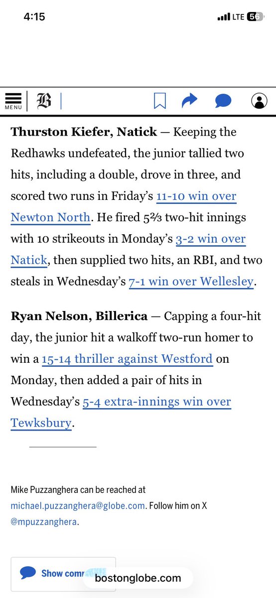 BMHSIndBaseball's tweet photo. Congrats to Jr. Capt. Ryan Nelson for being recognized as a  Boston Globe player of the week. Ryan is hitting .632 with a .682 OBP. He has 12 hits, 2 homers and 7 RBI. Stay 🔥 Nelly! @BMHS_Athletics https://t.co/TSJBnAjaIL