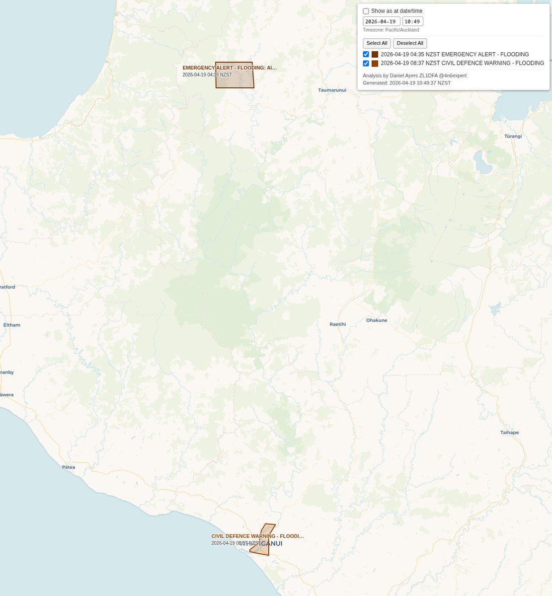 4n6expert's tweet image. Geographic boundaries for two #Emergency Mobile #Alerts issued today warning of #flooding in Ohura and Whanganui. #NewZealand #weather #CivilDefence