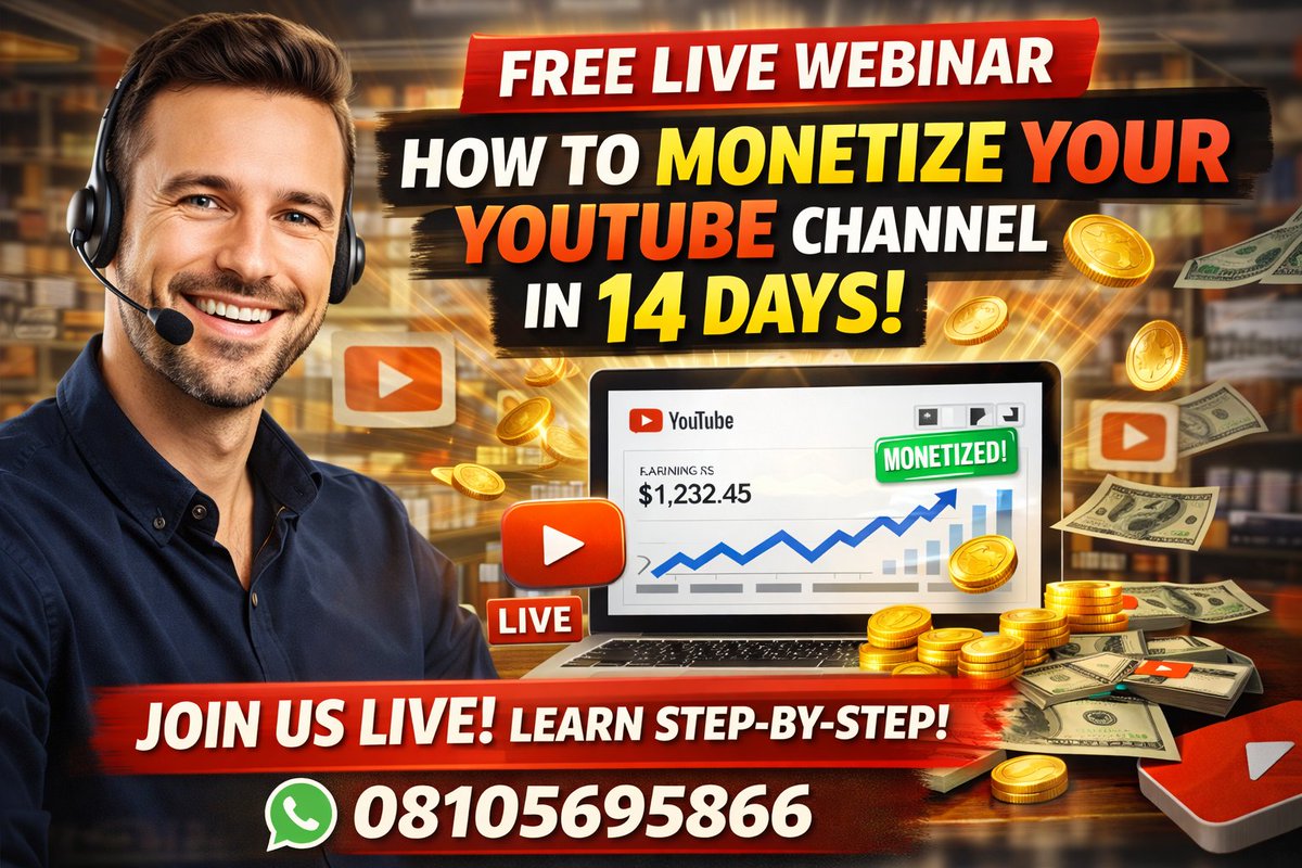 Wiljohnson456's tweet photo. 🚨 FREE LIVE WEBINAR 🚨
Learn how to MONETIZE your YouTube channel in just 14 DAYS 💰🔥
Struggling with low views &amp; no income? I’ll show you a simple step-by-step system to start earning FAST.
🎯 Beginners welcome | Limited slots!
👉 Join now:https://t.co/DtwGtXJyks https://t.co/fOElNYSl8T