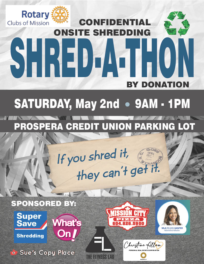 WhatsOnMission's tweet photo. SHRED-A-THON, 9am-1pm, Prospera Credit Union parking lot.

For more #communityevents, https://t.co/rzmijxHpHk

#WhatsOnMission #MissionBC #MissionCity  #Entertainment #TheFraserValley #MissionMagazine #Fun #WhatsHappeningInMission #PlayLocal #ThingsToDoInMission #ExploreMission https://t.co/Hs1S6IfuiM