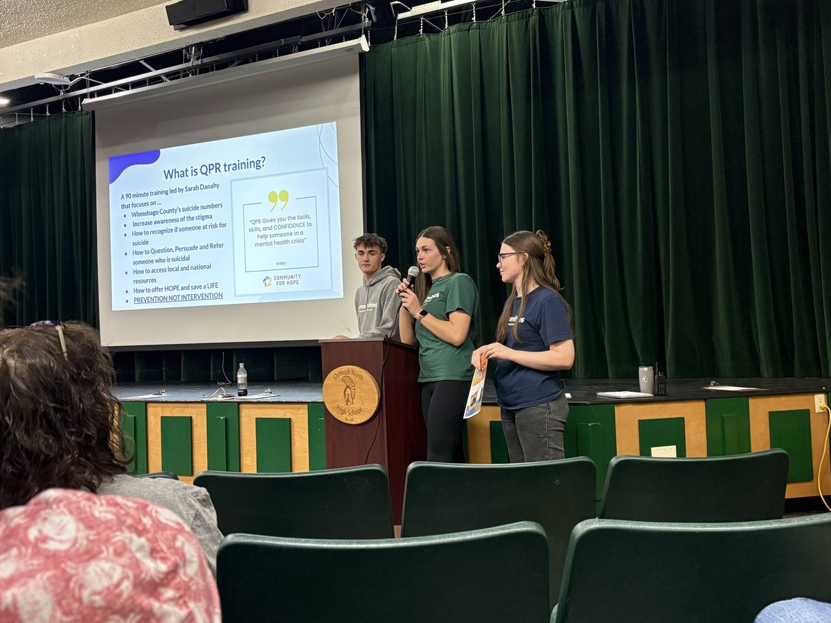 CommunitiesONHS's tweet photo. Shout out to juniors Tucker, Sammie, Sonya & Paige! 👏
They’re partnering with @ForOshkosh to host a FREE QPR training session.
🗓️ Wed., Apr. 22 | 6:30–8:00 PM
📍 Hyde Family Community Center
#mentalhealth #SuicideAwareness #semesterofservice https://t.co/6CZNMtVf7G