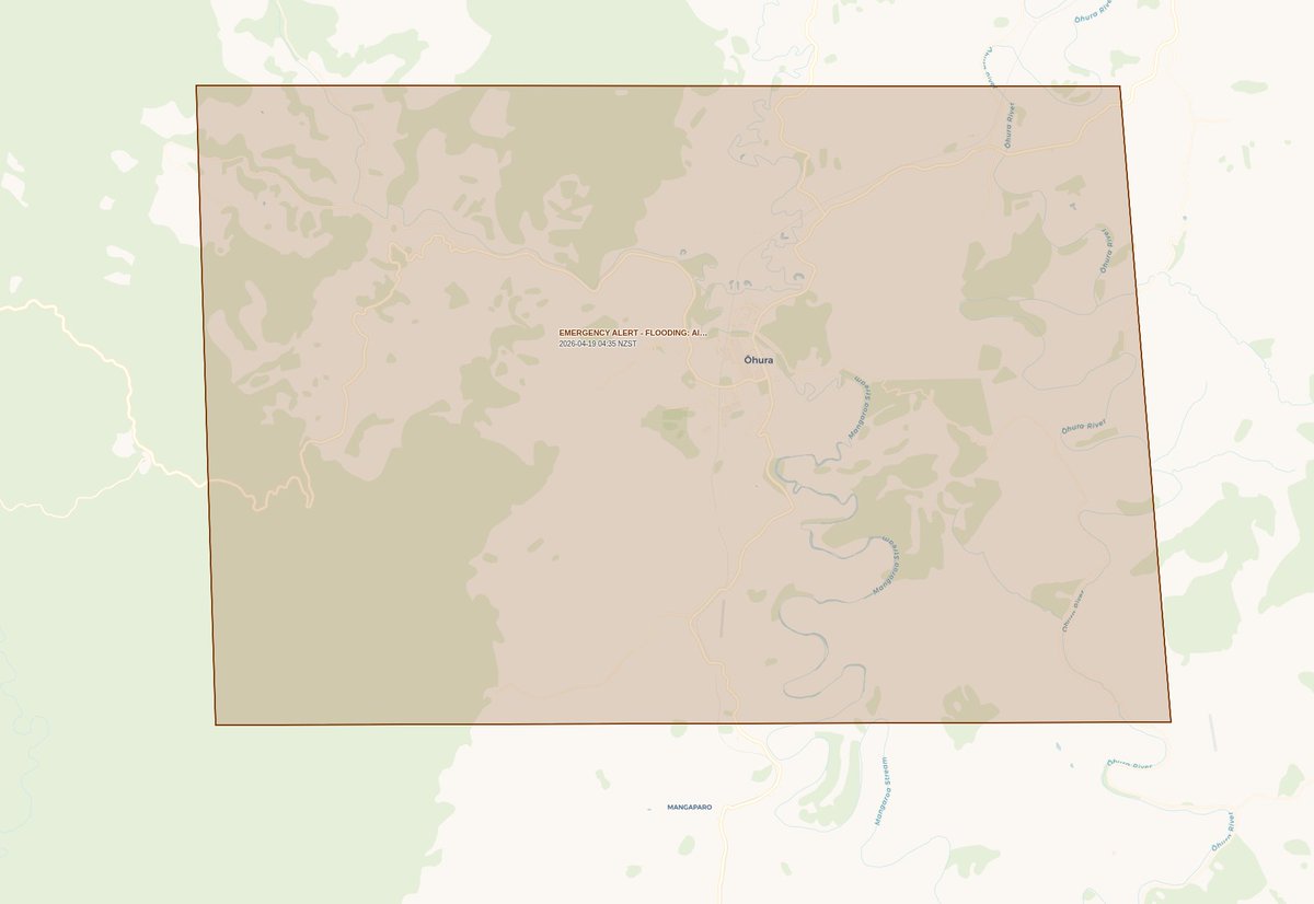 4n6expert's tweet image. Geographic boundaries for two #Emergency Mobile #Alerts issued today warning of #flooding in Ohura and Whanganui. #NewZealand #weather #CivilDefence