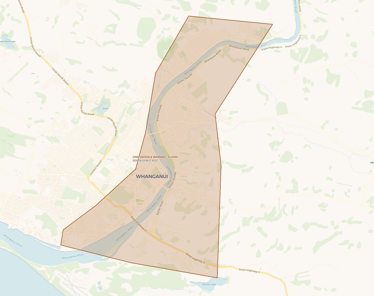 4n6expert's tweet image. Geographic boundaries for two #Emergency Mobile #Alerts issued today warning of #flooding in Ohura and Whanganui. #NewZealand #weather #CivilDefence