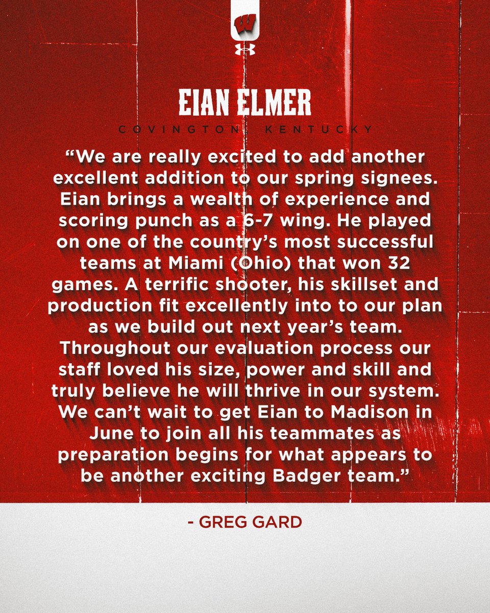 BadgerMBB's tweet image. Welcome to Wisconsin, Eian Elmer!

The 6-7 wing averaged 12.7 points per game last year and shot 42.9 percent from beyond the arc.

🔗 go.wisc.edu/elmer