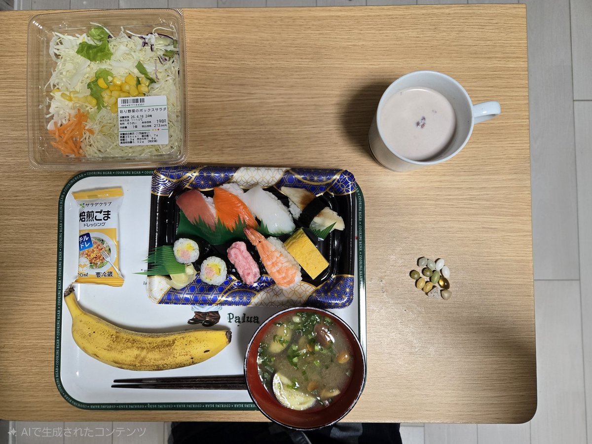 SakuyaSoga's tweet photo. 20260417夕食
・寿司（若潮）
・彩り野菜のBOXサラダ
・茄子となめこのみそ汁
・バナナ https://t.co/msaOGipk2D