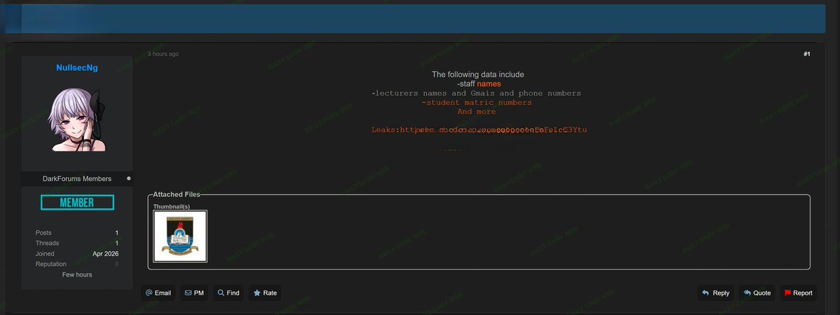 DailyDarkWeb's tweet image. 🇳🇬 LASU (Lagos State University) Data Leak Allegedly Shared

A dark web post claims a data leak involving Lagos State University (LASU), with sensitive academic and staff-related information reportedly exposed.

📊 Key Claims:
• Data allegedly includes:

Staff names
Lecturer