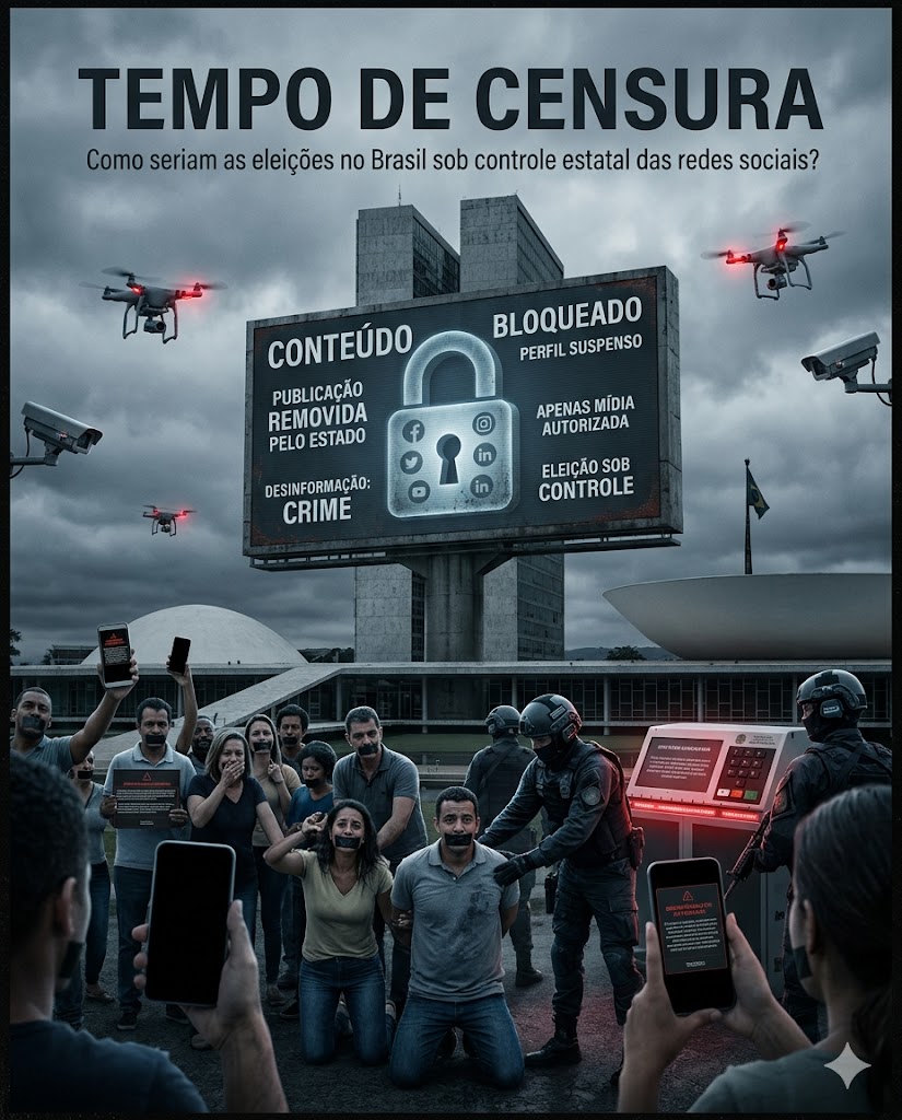 CarlosAlbert237's tweet photo. ESSE É O PAÍS QUE LULA DEFENDE.                       "CONTEÚDO BLOQUEADO" e "DESINFORMAÇÃO: CRIME". Policiais do controle digital reprimem a dissidência. Uma urna eletrônica iluminada em vermelho sugere eleições monitoradas e não livres. https://t.co/9aWmvMHbir