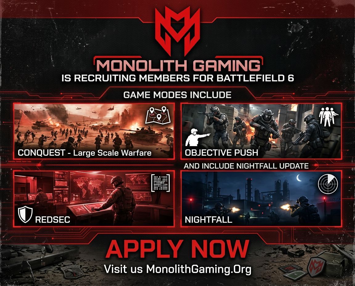 MonolithxGaming's tweet image. Join Monolith Gaming for Battlefield 6. We’re looking for the fearless and the focused to dominate the field together.

Join the squad: 🔗 discord.gg/monolithgaming

#BF6 #SquadUp #MonolithxGaming