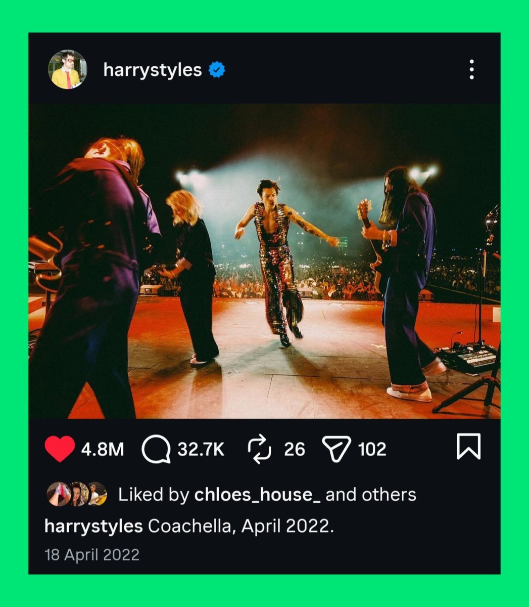 KStomska's tweet image. 4 yrs ago today Harry posted this photo taken during his performance at Coachella 💚
#HarryStyles #Throwback #Memories #Nostalgia