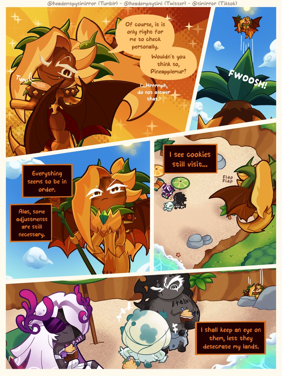heademptysimi's tweet image. Going off Mango's dialogue in Kingdom, Ananas might just be sleeping in their island right now. Dragon cookies cameo next update TRUST (ALSO happy late bday to Ananas yayyy!)
#cookierunkingdom #ananasdragoncookie #pitayadragoncookie #venomdoughcookie