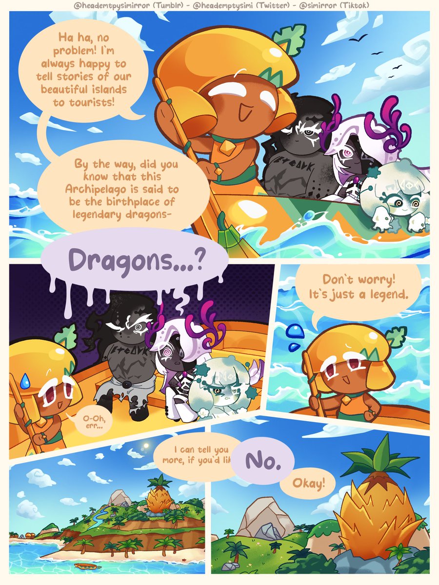 heademptysimi's tweet image. Going off Mango's dialogue in Kingdom, Ananas might just be sleeping in their island right now. Dragon cookies cameo next update TRUST (ALSO happy late bday to Ananas yayyy!)
#cookierunkingdom #ananasdragoncookie #pitayadragoncookie #venomdoughcookie