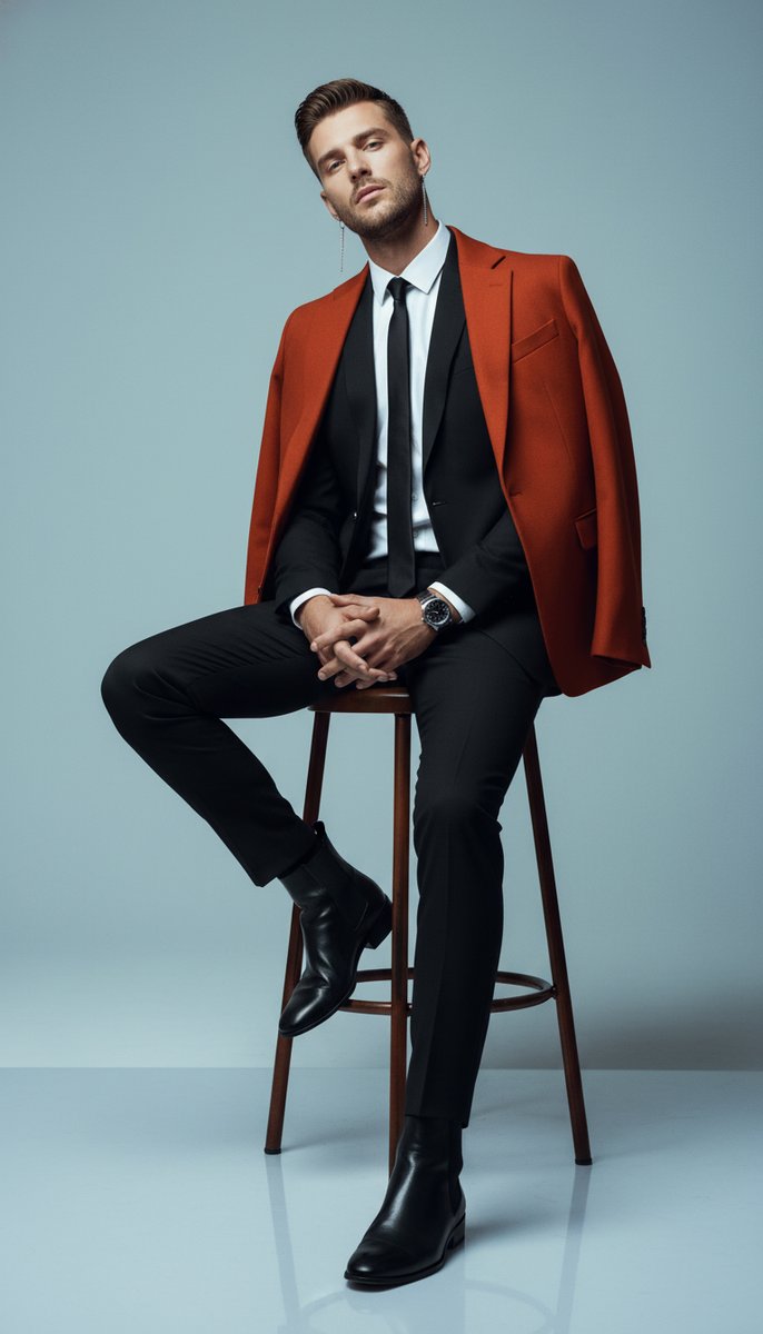apps_new50069's tweet image. Prompt: A high-fashion studio photograph featuring a female figure seated on a tall, rust-colored or vibrant orange metal stool, striking an elegant and expressive pose. The subject is positioned at a fron... (FULL PROMPT IN THE APP) 
#InnovativePhotoTools #aistyle #artoftheday