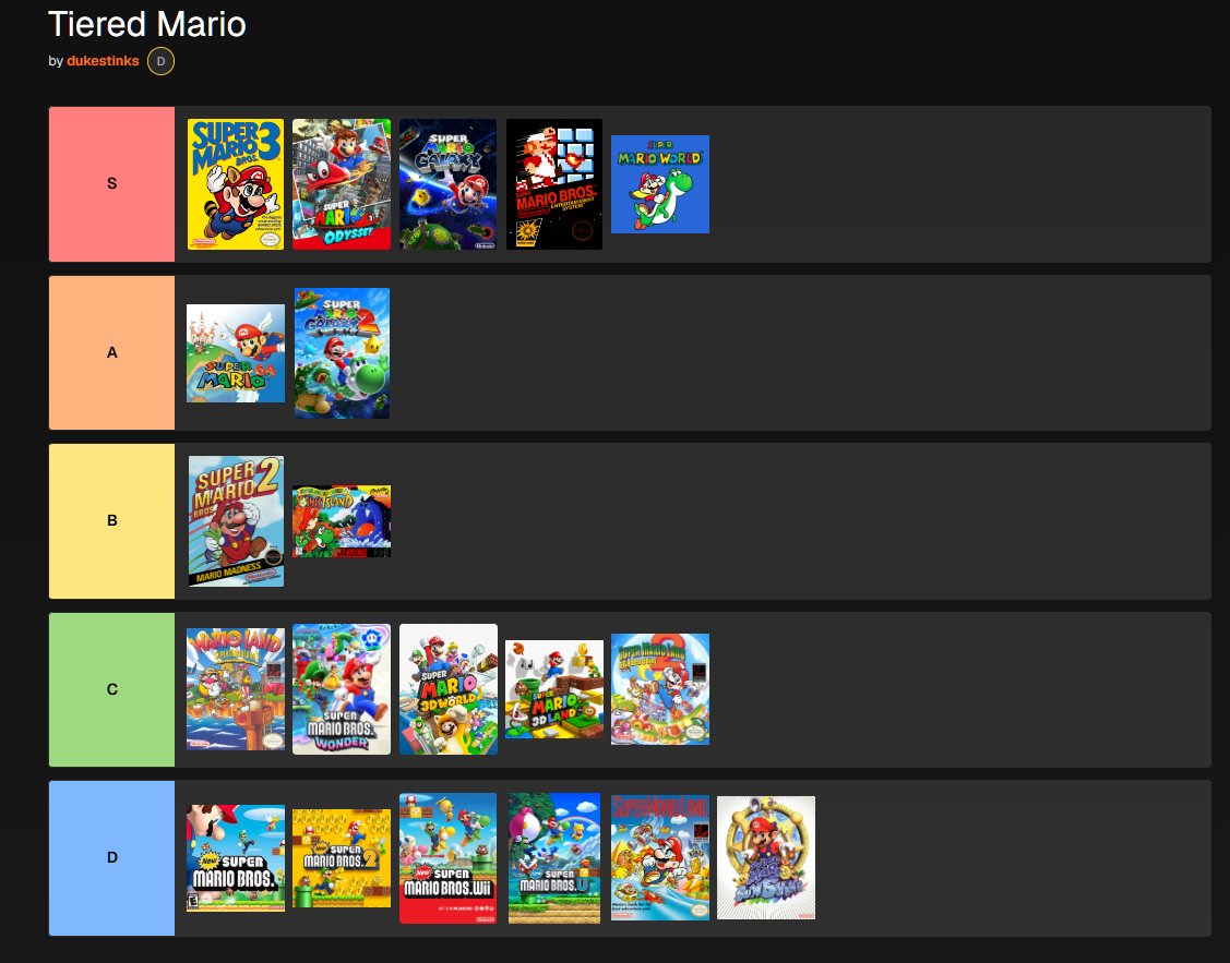 GBDudersFeed's tweet image. dukestinks has decided to throw their hat into the Mario-based tier list making that @Tolkoto kicked off last week!

Here's how they rank the Mario games and remember, you can join the fun if you have premium!

Link: giantbomb.com/user-lists/uid…

#mario #nintendo #gaming #giantbomb