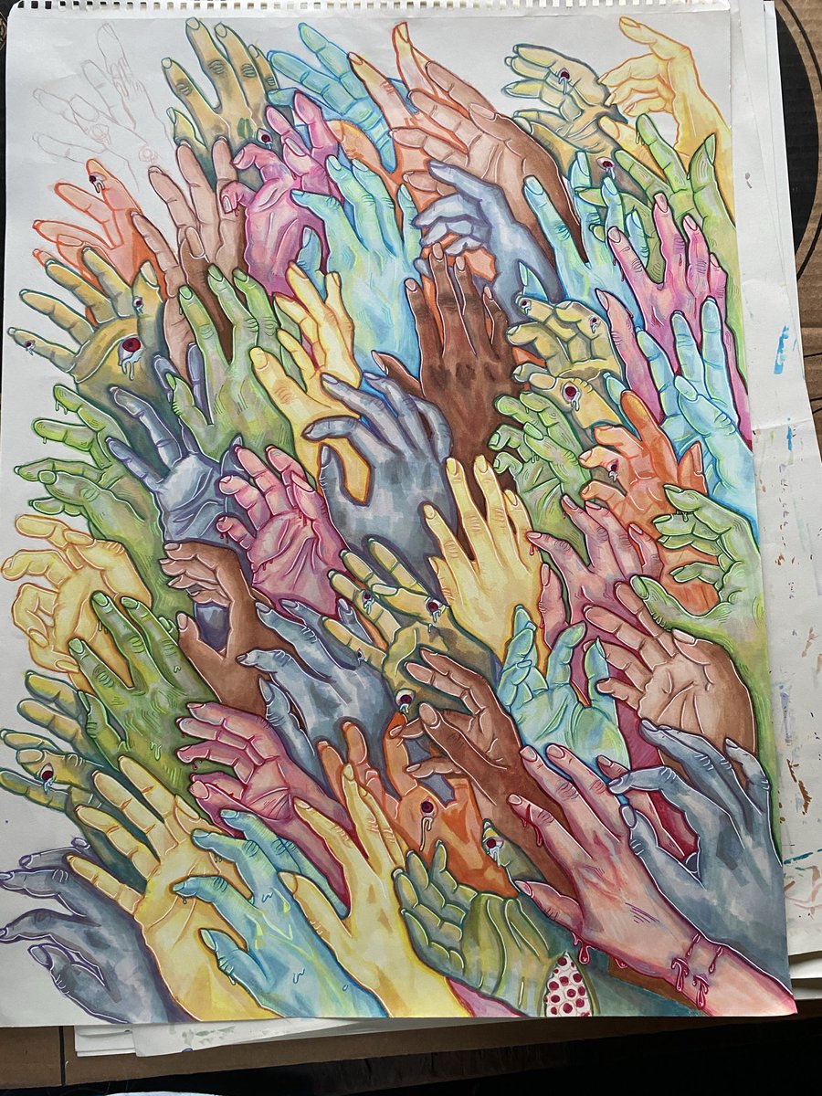 fairy_bunni's tweet image. A picture of the drawing before it was done~ the drawing is 18”x24”
I always think of this drawing when I hesitate to draw something like doubt myself. I will be like Ive drawn like a bunch of hands!! I can do this! I can draw this! 
#art #traditionalart #marker #wip