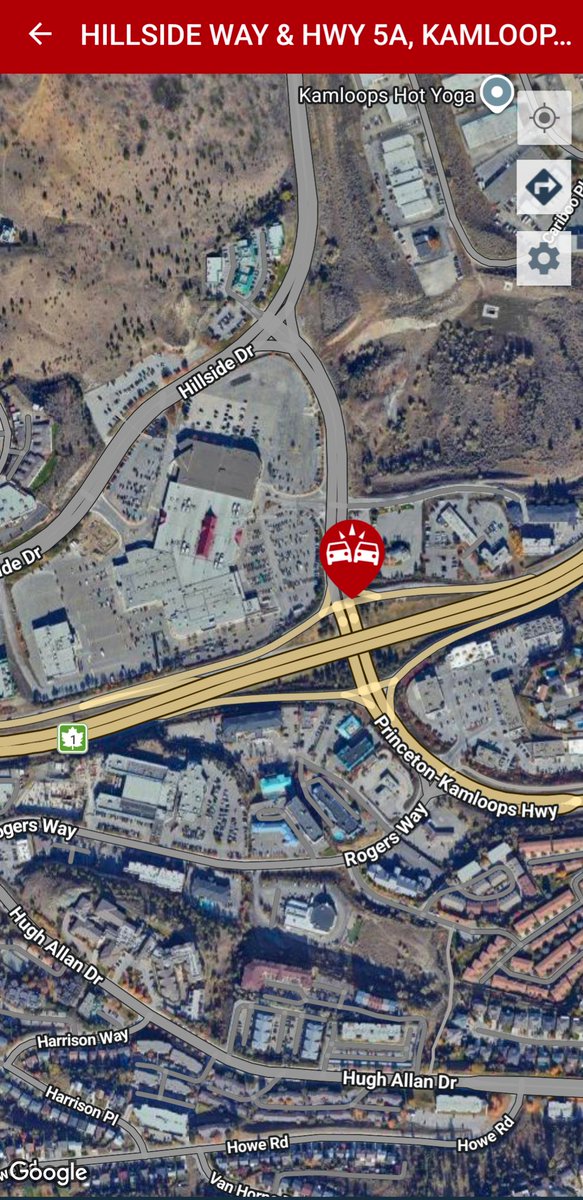 Kamscan's tweet image. Hearing about a 2 car crash by the off ramp to  #bchwy5a and hillside way in the middle of the intersection  need RCMP for traffic control #kamloops