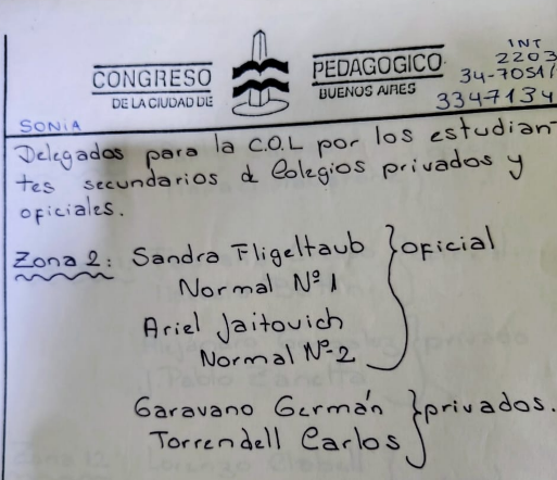 Nómina de delegados entre los estudiantes de nivel medio al Congreso Pedagógico Nacional del año 1984-1988. 
Los dos representantes de los colegios privados llegaron luego a secretario de educación y ministro de justicia.