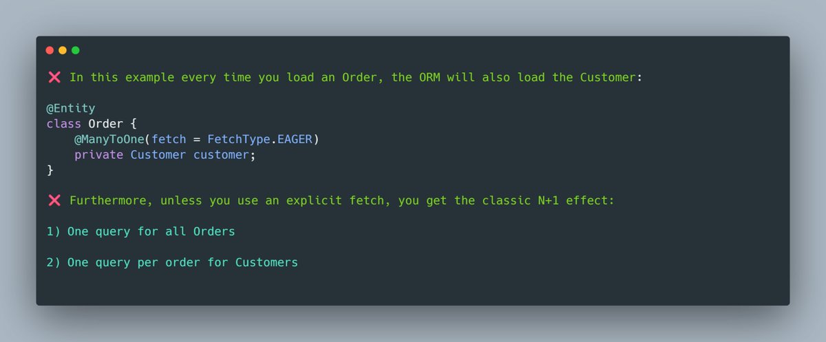 mario_casari's tweet image. 🚀 Spring Boot: Avoid FetchType.EAGER unless you really need it.

❌ Marking a relationship as EAGER tells the ORM to load it whenever the entity is loaded, regardless of whether you actually invoke the relationship's method.
#Springboot #SoftwareDevelopment