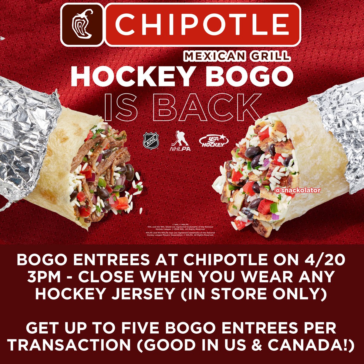 snackolator's tweet image. Get BOGO Chipotle on 4/20 for the NHL Playoffs and get up to FIVE FREE Entrees per transaction!

Just wear any hockey jersey in stores from 3pm - close on Monday and you'll get BOGO Entrees!

Are you grabbing some BOGO @ChipotleTweets goodness?!

#chipotle #fastfood #cheapeats