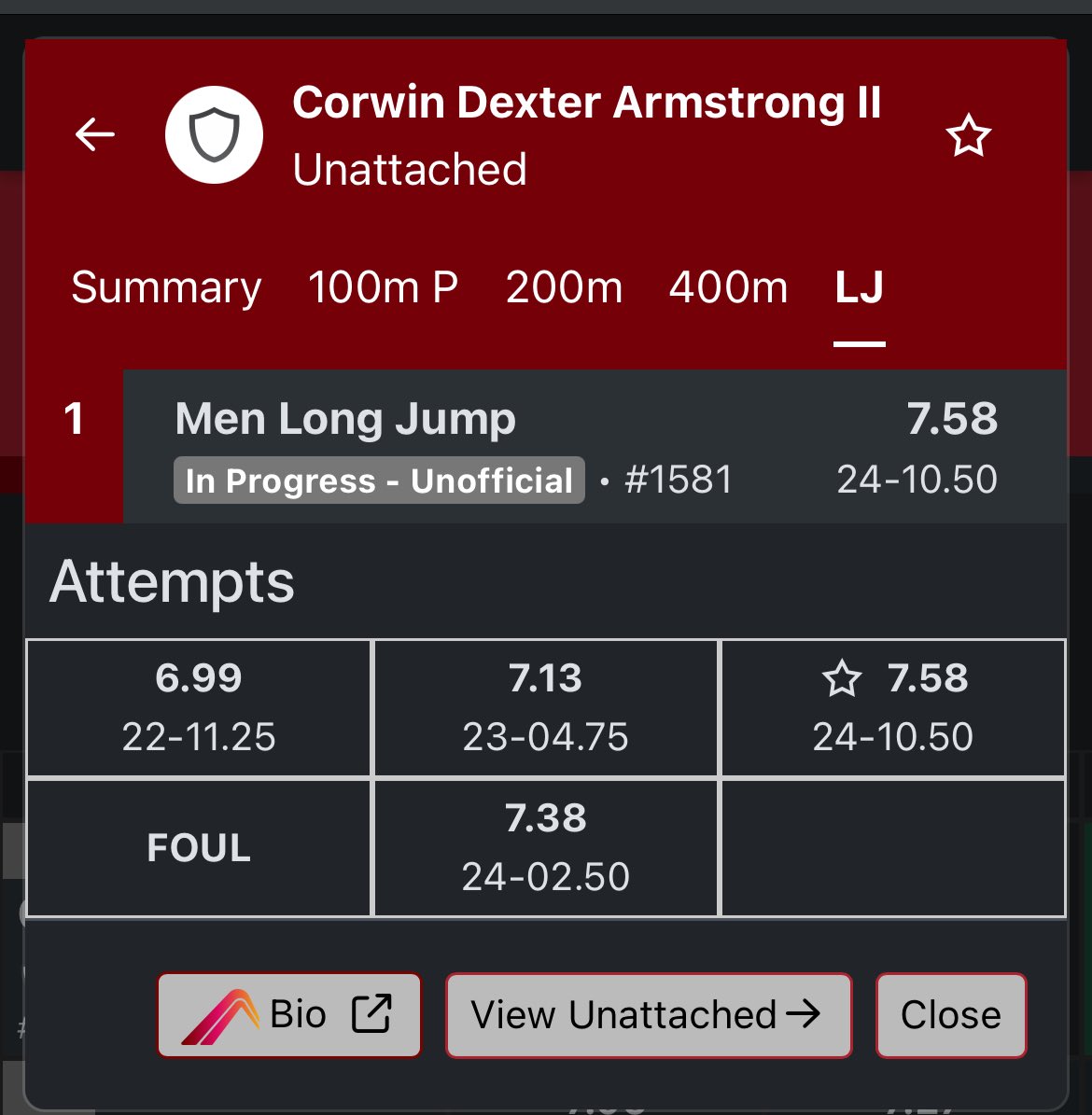 DeXArmstrongII's tweet photo. Had a great time at the 2026 Aggie Invitational hosted at North Carolina A&amp;T University.

Won the Long Jump with a PR of 7.58🥇

Ran a PR in the 100 at 10.69

Ran my first 200 in over year and clocked in at 22.04. https://t.co/fEE1Ga7jOe