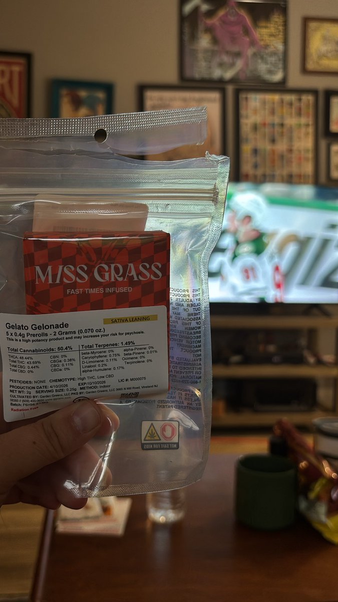 cuddlefuddles's tweet photo. My first night off in a minute and smoking my favorite of all time pre rolls and watching play off hockey. Couldn’t ask for a better night. Wish it was the devils though 👿. Also, if your local dispensary sells Miss Grass, check them out! https://t.co/utiLhYt4Ok