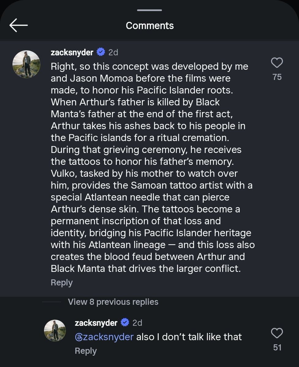 DarkKnightsFan's tweet image. Account on gram does video blasting Zack for his Aquaman take for having tattoos as well as doing what he thinks is his impression of how Zack Speaks in the clip 

So Zack liked the post and replied back to the individual 

THE HATE AGENDA FOR @ZackSnyder IS RIDICULOUS!