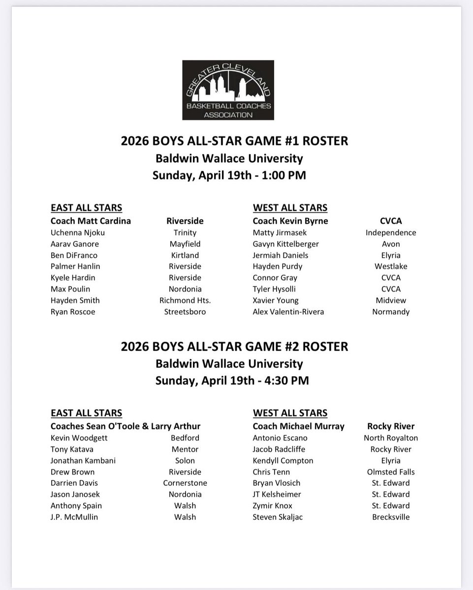 rockyriverbbk's tweet photo. We are excited and honored to coach the @GCBCA_NEOHIO Senior West All-Stars.  These teams are loaded with talent.  Congrats to @RadcliffeJacob4 as well. #sharpenyoursword https://t.co/3rJTqb5vcB