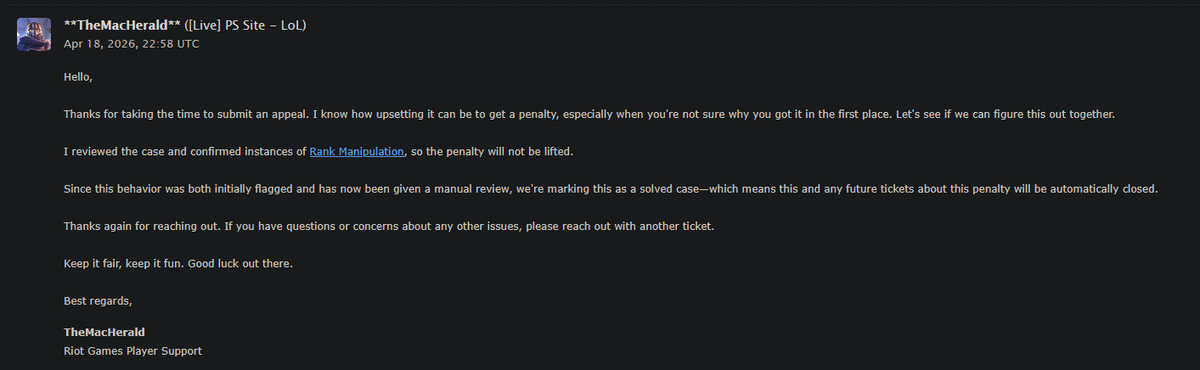 Rulelol's tweet photo. @drewlevin hey just checking since its been a few days and my account is still banned, so my account will stay banned or will it be unbanned? since i just got this response in the ticket, really sad if this is the case... https://t.co/HSNr0vLrU6