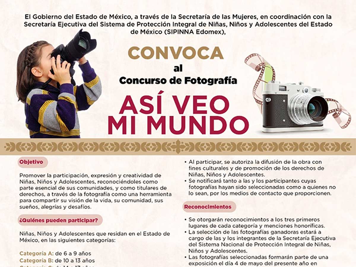 AGENCIAMVT's tweet image. #Cultura Gobierno del Edoméx convoca a niñas, niños y adolescentes a participar en el #concurso de fotografía “Así veo mi mundo”; registro abierto hasta el 30 de abril. mvt.com.mx/invitan-a-nina… @AGENCIAMVT @Edomex